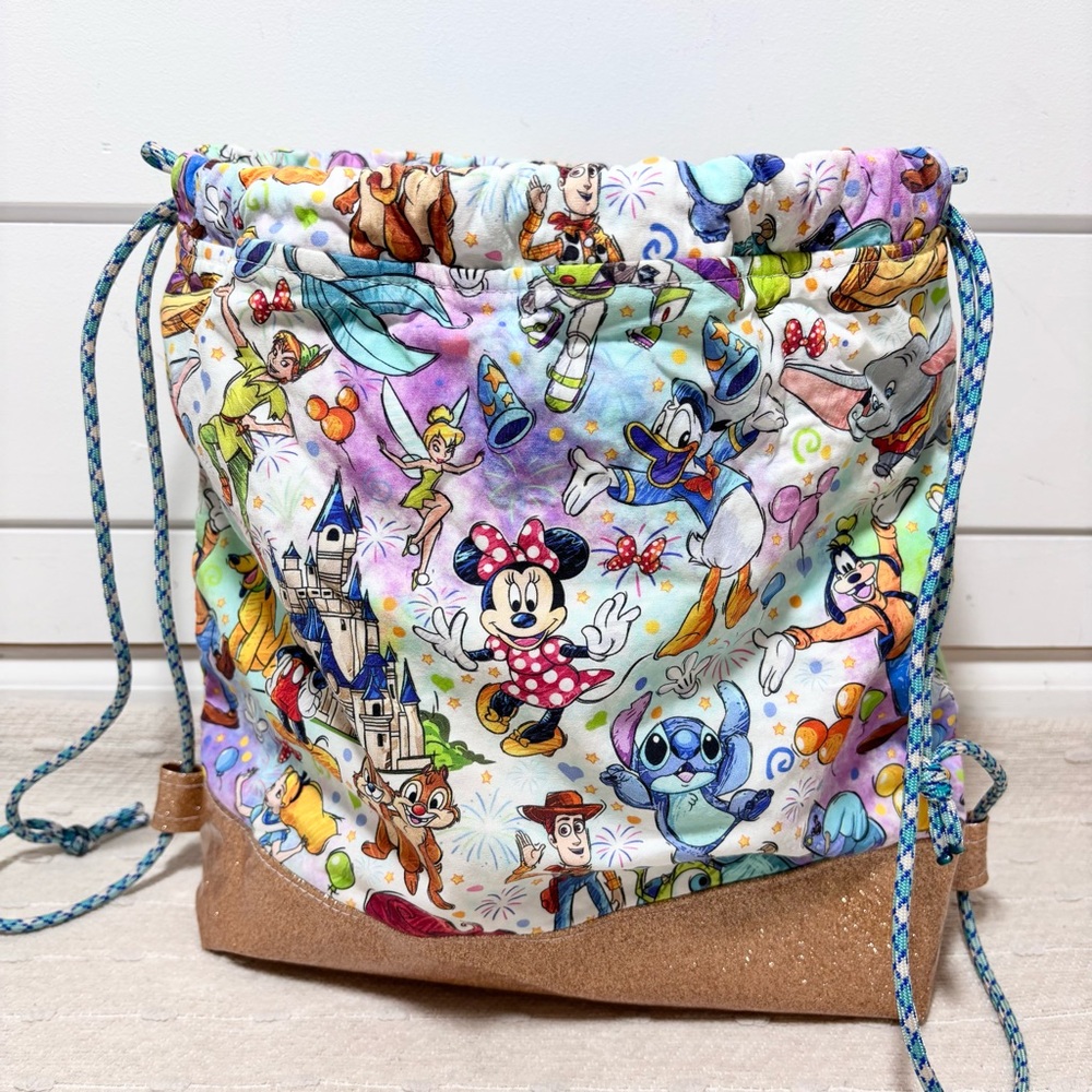 Hand made Disney Drawstring bag with‎ Stitch,Mickey Mouse, Minnie Mouse, Goofy